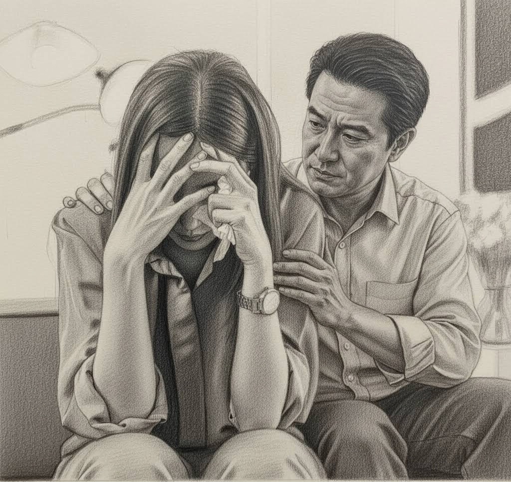 Supportive adviser comforting a client distressed after a bank transfer scam